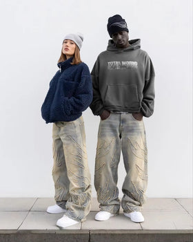 Y2K Street Retro Raw Edge Embroidery Baggy Jeans Men Women Fashion Hip Hop Patchwork High Waisted Denim Pants Ripped Jeans 2024
