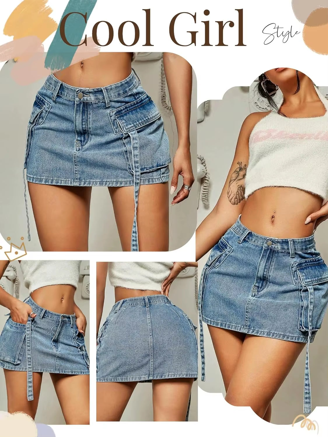 2025 New Cargo Skirt Women Y2K Button Mini Jeans Skirt Denim Skirt with Pocket Low Waist