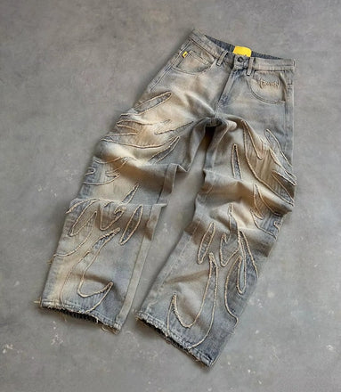 Y2K Street Retro Raw Edge Embroidery Baggy Jeans Men Women Fashion Hip Hop Patchwork High Waisted Denim Pants Ripped Jeans 2024