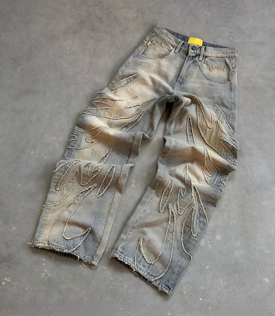Y2K Street Retro Raw Edge Embroidery Baggy Jeans Men Women Fashion Hip Hop Patchwork High Waisted Denim Pants Ripped Jeans 2024