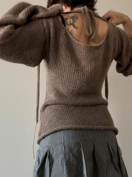 Fashion Women'S T-Shirt Tie Back Sweaters Long Sleeve Boat Neck Solid Color Knit Pullover Casual Tops Streetwear Y2K Summer Cami