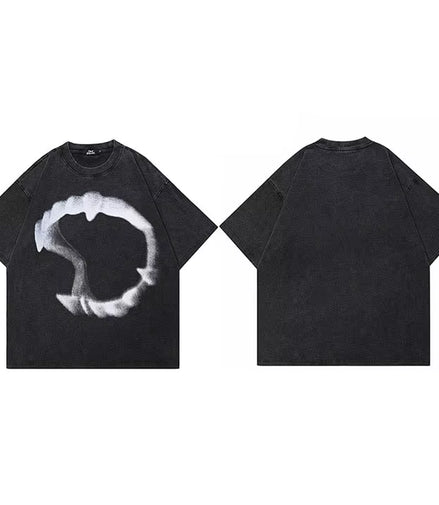 Hip Hop Streetwear Men T-Shirt Oversized Animal Teeth Graphic T Shirt Retro Washed Black Unisex Tshirt Cotton Tops Tees