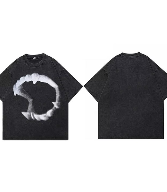 Hip Hop Streetwear Men T-Shirt Oversized Animal Teeth Graphic T Shirt Retro Washed Black Unisex Tshirt Cotton Tops Tees
