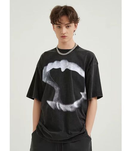 Hip Hop Streetwear Men T-Shirt Oversized Animal Teeth Graphic T Shirt Retro Washed Black Unisex Tshirt Cotton Tops Tees