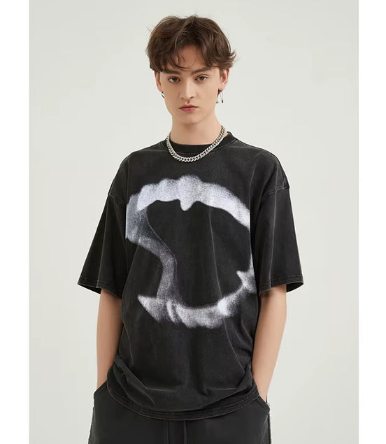 Hip Hop Streetwear Men T-Shirt Oversized Animal Teeth Graphic T Shirt Retro Washed Black Unisex Tshirt Cotton Tops Tees