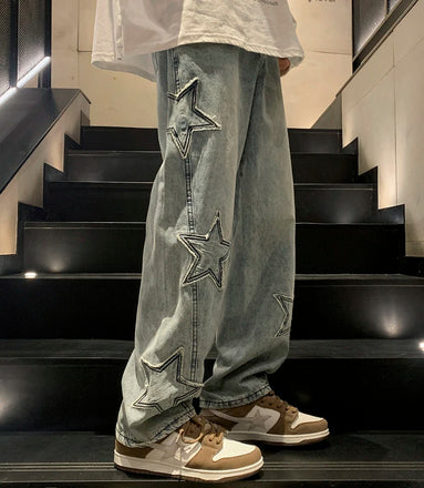 Star Embroidery Straight Casual Men Jeans Gothic Neutral New Wide Leg Loose Hip-Hop Fashion Youth Streetwear Denim Trousers Y2K