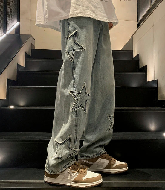 Star Embroidery Straight Casual Men Jeans Gothic Neutral New Wide Leg Loose Hip-Hop Fashion Youth Streetwear Denim Trousers Y2K