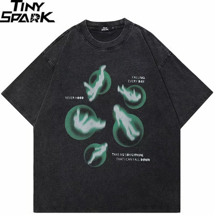 Hip Hop Streetwear Men T-Shirt Oversized Green Graphic T Shirt Retro Vintage Washed Black Tshirt Unisex Tops Tees Cotton