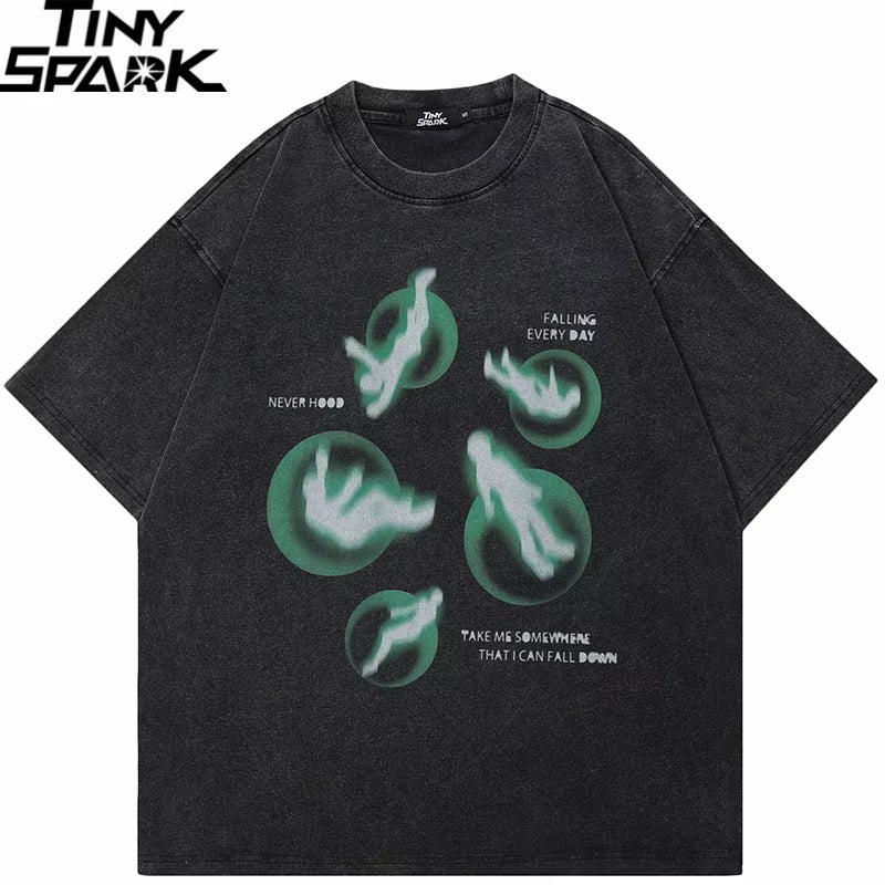 Hip Hop Streetwear Men T-Shirt Oversized Green Graphic T Shirt Retro Vintage Washed Black Tshirt Unisex Tops Tees Cotton