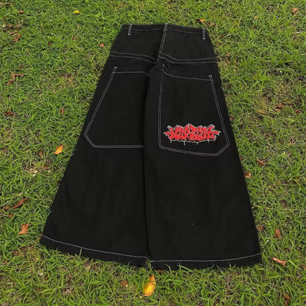 Y2K Street Retro Raw Edge Embroidery Baggy Jeans Men Women Fashion Hip Hop Patchwork High Waisted Denim Pants Ripped Jeans 2024