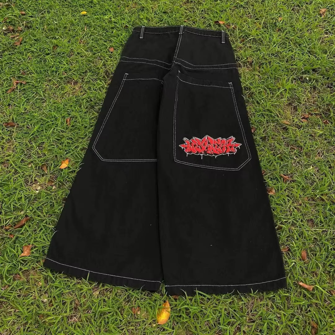 Y2K Street Retro Raw Edge Embroidery Baggy Jeans Men Women Fashion Hip Hop Patchwork High Waisted Denim Pants Ripped Jeans 2024