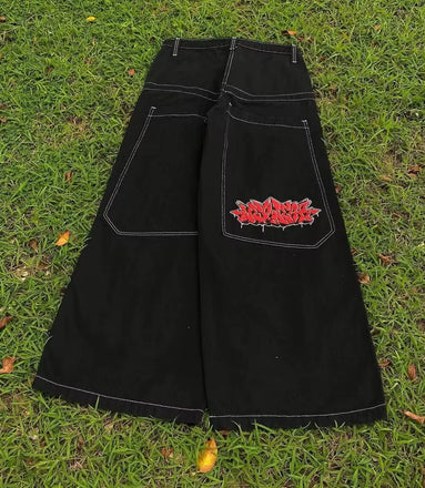 Y2K Street Retro Raw Edge Embroidery Baggy Jeans Men Women Fashion Hip Hop Patchwork High Waisted Denim Pants Ripped Jeans 2024