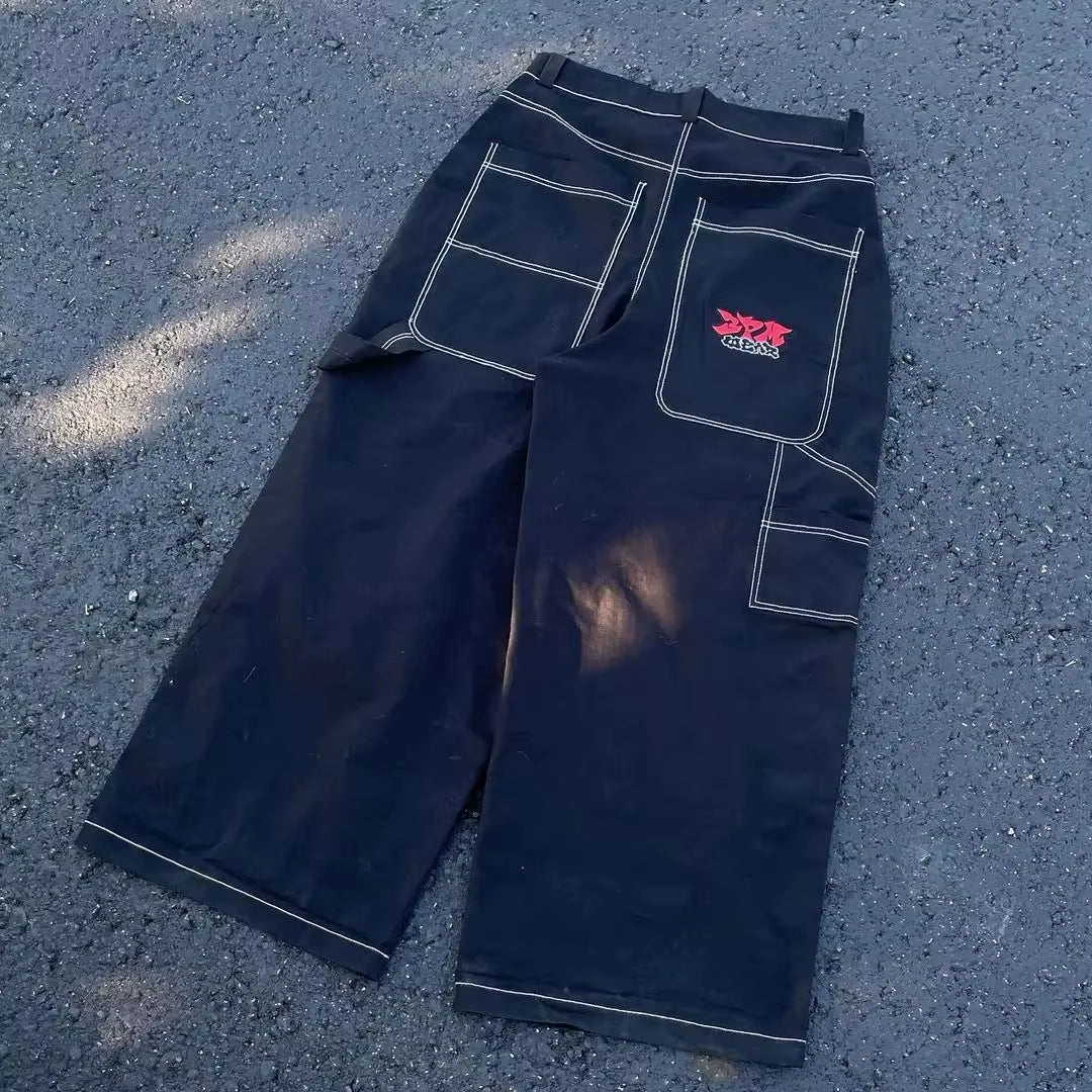 Y2K Street Retro Raw Edge Embroidery Baggy Jeans Men Women Fashion Hip Hop Patchwork High Waisted Denim Pants Ripped Jeans 2024