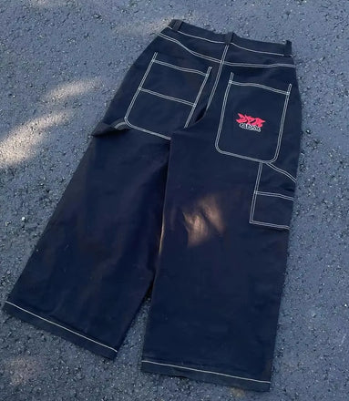 Y2K Street Retro Raw Edge Embroidery Baggy Jeans Men Women Fashion Hip Hop Patchwork High Waisted Denim Pants Ripped Jeans 2024
