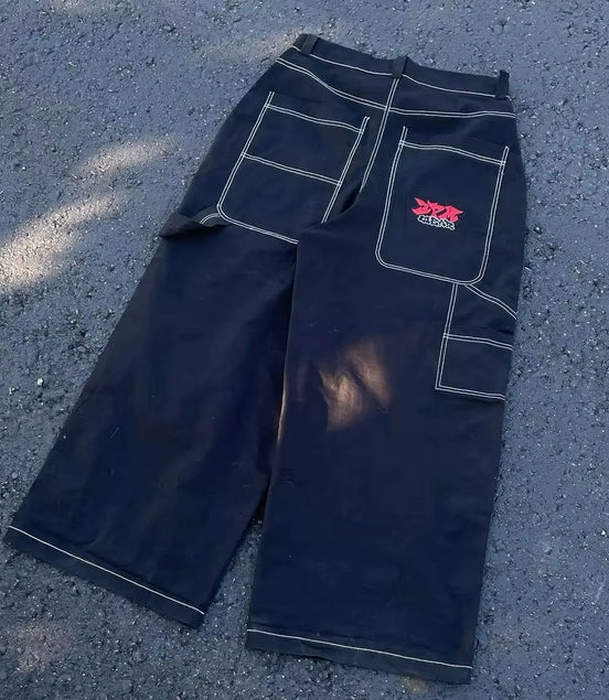 Y2K Street Retro Raw Edge Embroidery Baggy Jeans Men Women Fashion Hip Hop Patchwork High Waisted Denim Pants Ripped Jeans 2024