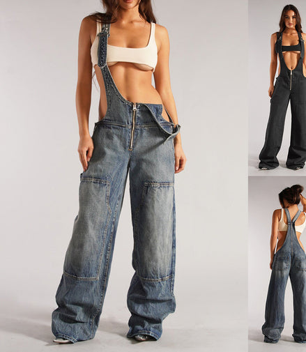 Y2K Zipper Denim Overalls with Pockets Fashion Loose Suspender Jumpsuit Streetwear Jeans Pants Womens Clothing