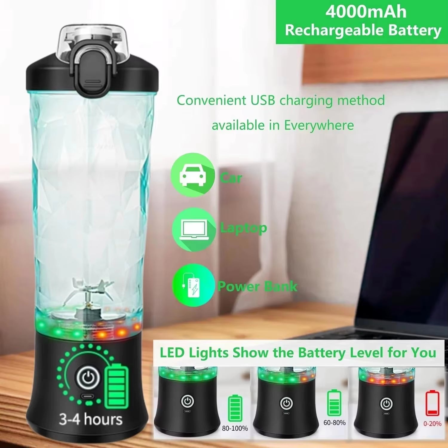 New Portable Blender 600ML Electric Juicer Fruit Mixers 4000Mah USB Rechargeable Mini Smoothie Blender Orange Juicer Machine
