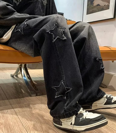 Star Embroidery Straight Casual Men Jeans Gothic Neutral New Wide Leg Loose Hip-Hop Fashion Youth Streetwear Denim Trousers Y2K