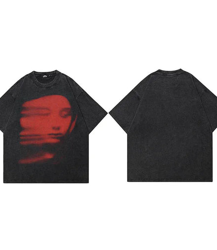 Men Washed Black T-Shirt Harajuku Streetwear Red Face Graphic T Shirt Cotton Vintage Tshirt Hipster Tops Tee Unisex Y2K