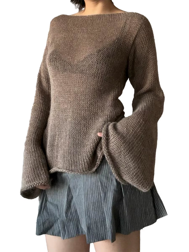 Fashion Women'S T-Shirt Tie Back Sweaters Long Sleeve Boat Neck Solid Color Knit Pullover Casual Tops Streetwear Y2K Summer Cami