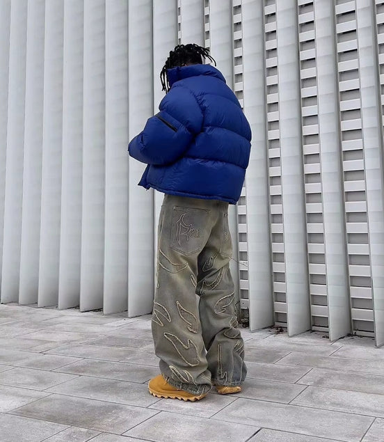 Y2K Street Retro Raw Edge Embroidery Baggy Jeans Men Women Fashion Hip Hop Patchwork High Waisted Denim Pants Ripped Jeans 2024