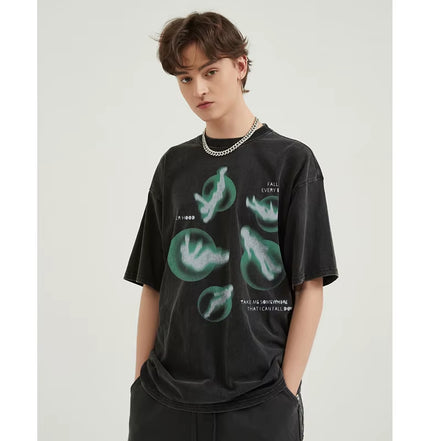 Hip Hop Streetwear Men T-Shirt Oversized Green Graphic T Shirt Retro Vintage Washed Black Tshirt Unisex Tops Tees Cotton