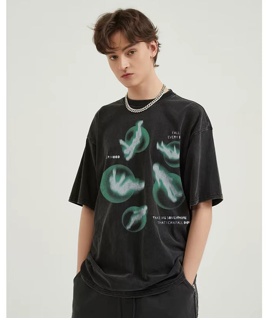 Hip Hop Streetwear Men T-Shirt Oversized Green Graphic T Shirt Retro Vintage Washed Black Tshirt Unisex Tops Tees Cotton