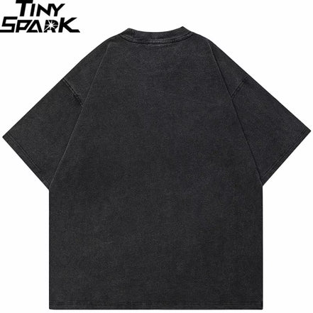 Hip Hop Streetwear Men T-Shirt Oversized Animal Teeth Graphic T Shirt Retro Washed Black Unisex Tshirt Cotton Tops Tees