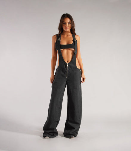 Y2K Zipper Denim Overalls with Pockets Fashion Loose Suspender Jumpsuit Streetwear Jeans Pants Womens Clothing