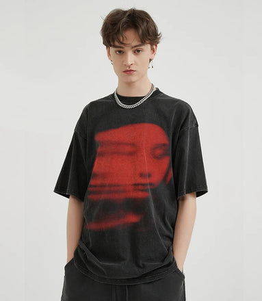 Men Washed Black T-Shirt Harajuku Streetwear Red Face Graphic T Shirt Cotton Vintage Tshirt Hipster Tops Tee Unisex Y2K