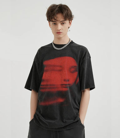 Men Washed Black T-Shirt Harajuku Streetwear Red Face Graphic T Shirt Cotton Vintage Tshirt Hipster Tops Tee Unisex Y2K