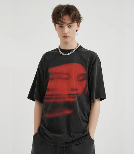 Men Washed Black T-Shirt Harajuku Streetwear Red Face Graphic T Shirt Cotton Vintage Tshirt Hipster Tops Tee Unisex Y2K