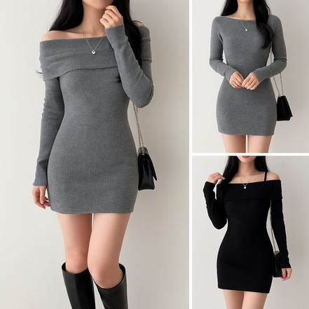 Women’s Cold Shoulder Knit Sweater Dress – Long Sleeve Lantern Mini Dress