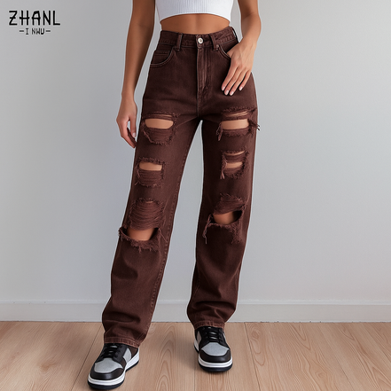Brown Ripped Vintage Woman'S Distressed Jeans Streetwear