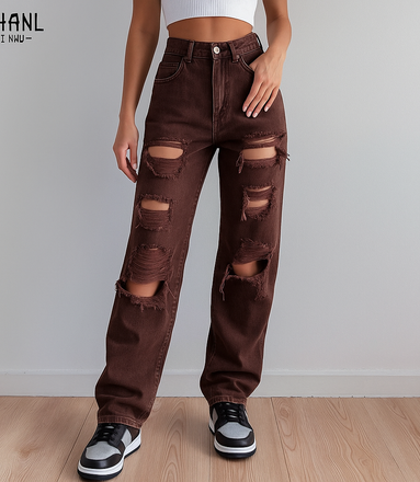 Brown Ripped Vintage Woman'S Distressed Jeans Streetwear