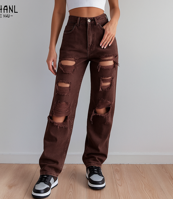 Brown Ripped Vintage Woman'S Distressed Jeans Streetwear