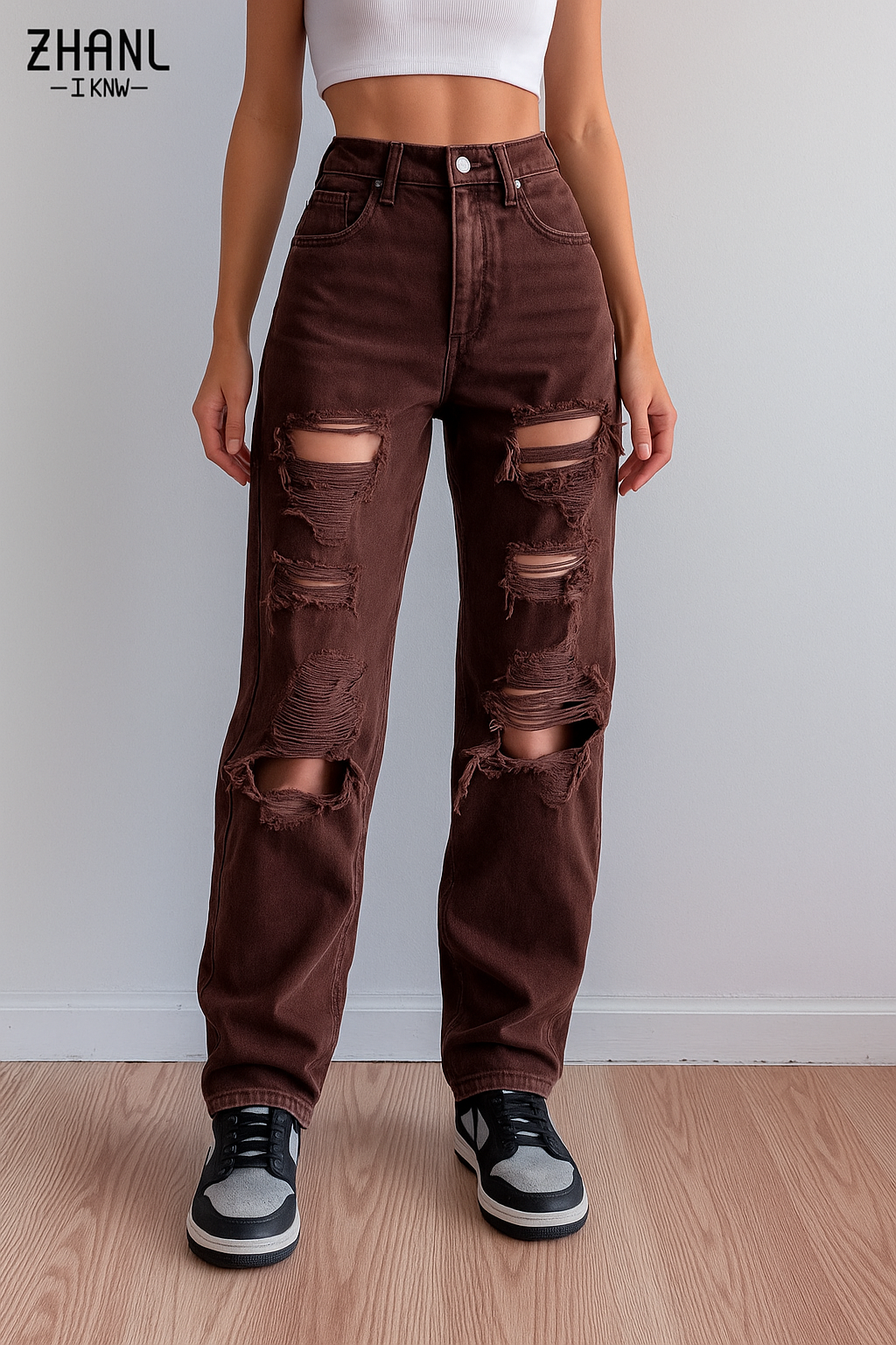 Brown Ripped Vintage Woman'S Distressed Jeans Streetwear