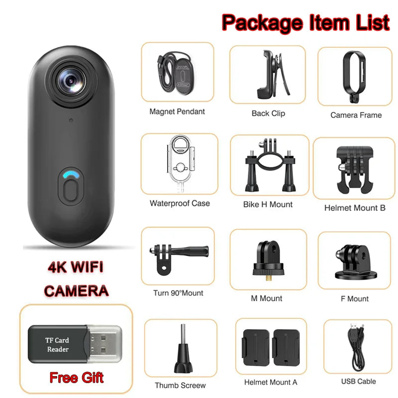 2025 Magnetic 4K POV Cam Small Sports Recorder Helmet Bike Mount Mini Cam Wireless Mic Ultra Portable DV Vlog Action Recording