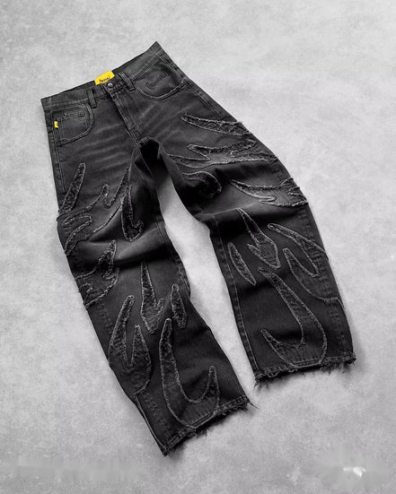 Y2K Street Retro Raw Edge Embroidery Baggy Jeans Men Women Fashion Hip Hop Patchwork High Waisted Denim Pants Ripped Jeans 2024