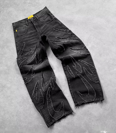Y2K Street Retro Raw Edge Embroidery Baggy Jeans Men Women Fashion Hip Hop Patchwork High Waisted Denim Pants Ripped Jeans 2024