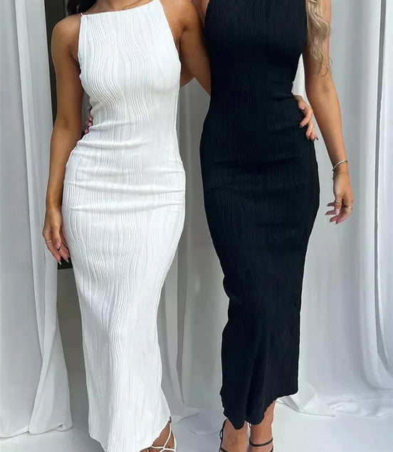 Sexy Women Long Dress Ruched Sleeveless Slim Solid Summer Party Back Split Dress Clubwear Female Vestido Outfits