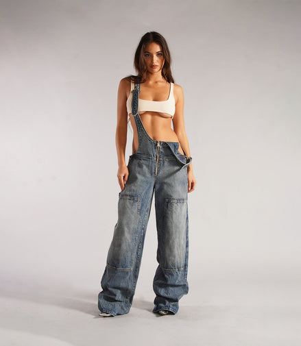 Y2K Zipper Denim Overalls with Pockets Fashion Loose Suspender Jumpsuit Streetwear Jeans Pants Womens Clothing