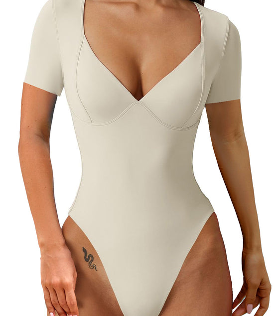 Women'S Short Sleeve Bodysuit V Neck Body Suits Seamed Cup Going Out Tops Shirt