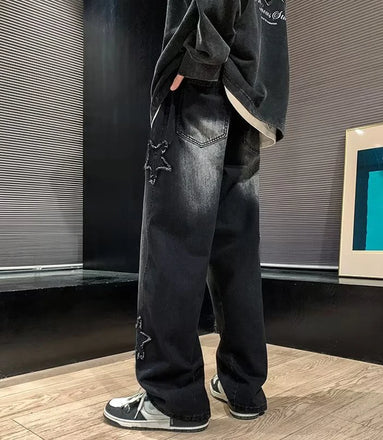 Star Embroidery Straight Casual Men Jeans Gothic Neutral New Wide Leg Loose Hip-Hop Fashion Youth Streetwear Denim Trousers Y2K