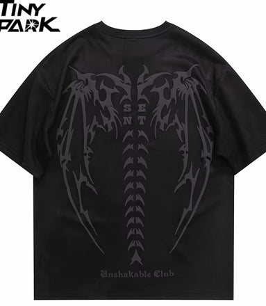Men Suede Tshirt Streetwear Devil Wings Skeleton Graphic T-Shirt Harajuku 2025 T Shirt Unisex Top Tees Short Sleeve Hipster