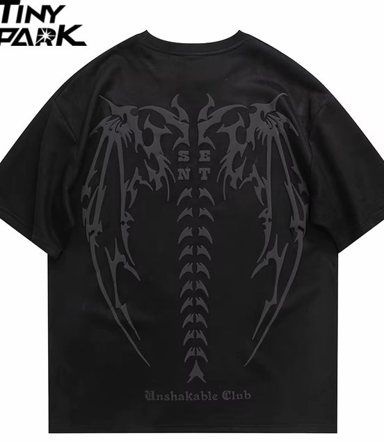 Men Suede Tshirt Streetwear Devil Wings Skeleton Graphic T-Shirt Harajuku 2025 T Shirt Unisex Top Tees Short Sleeve Hipster