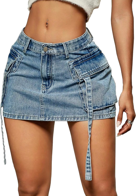 New Cargo Skirt – Y2K Low Waist Denim Mini Skirt with Pockets