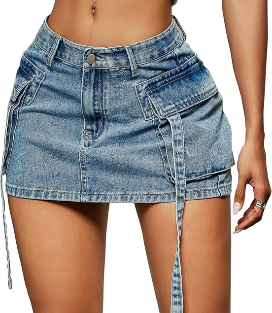 New Cargo Skirt – Y2K Low Waist Denim Mini Skirt with Pockets