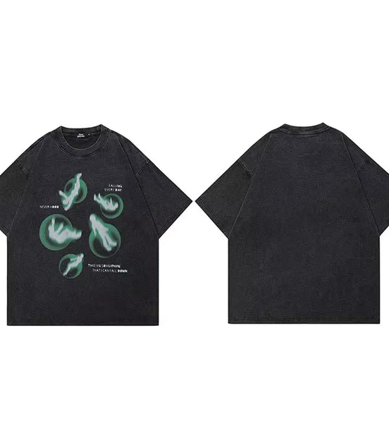 Hip Hop Streetwear Men T-Shirt Oversized Green Graphic T Shirt Retro Vintage Washed Black Tshirt Unisex Tops Tees Cotton