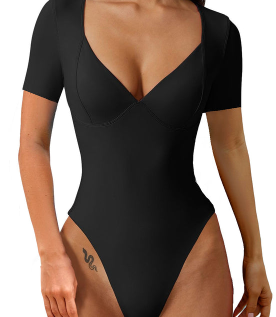 Women'S Short Sleeve Bodysuit V Neck Body Suits Seamed Cup Going Out Tops Shirt